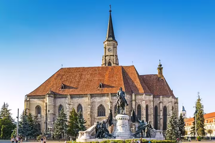 St. Michael's Church with equestrian statue of Matthias Corvinus in Unirii Square, Cluj-Napoca
