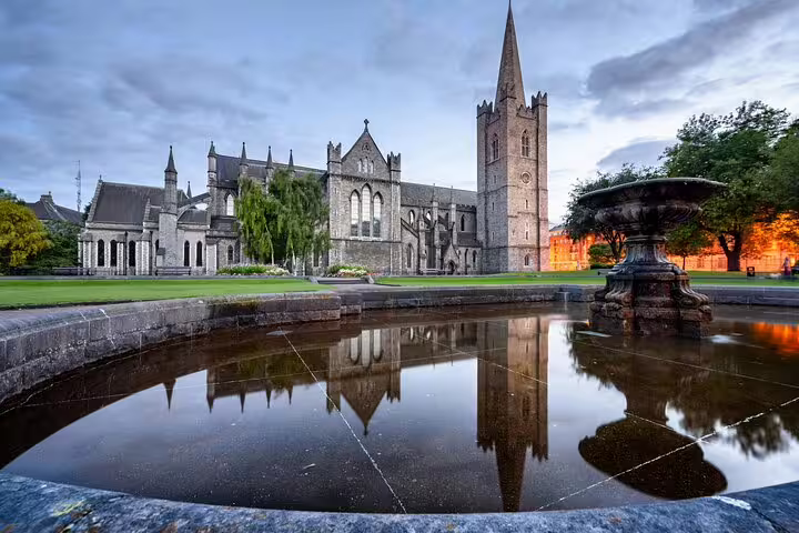 St. Patrick's Cathedral Dublin reflected in a fountain pool at dusk