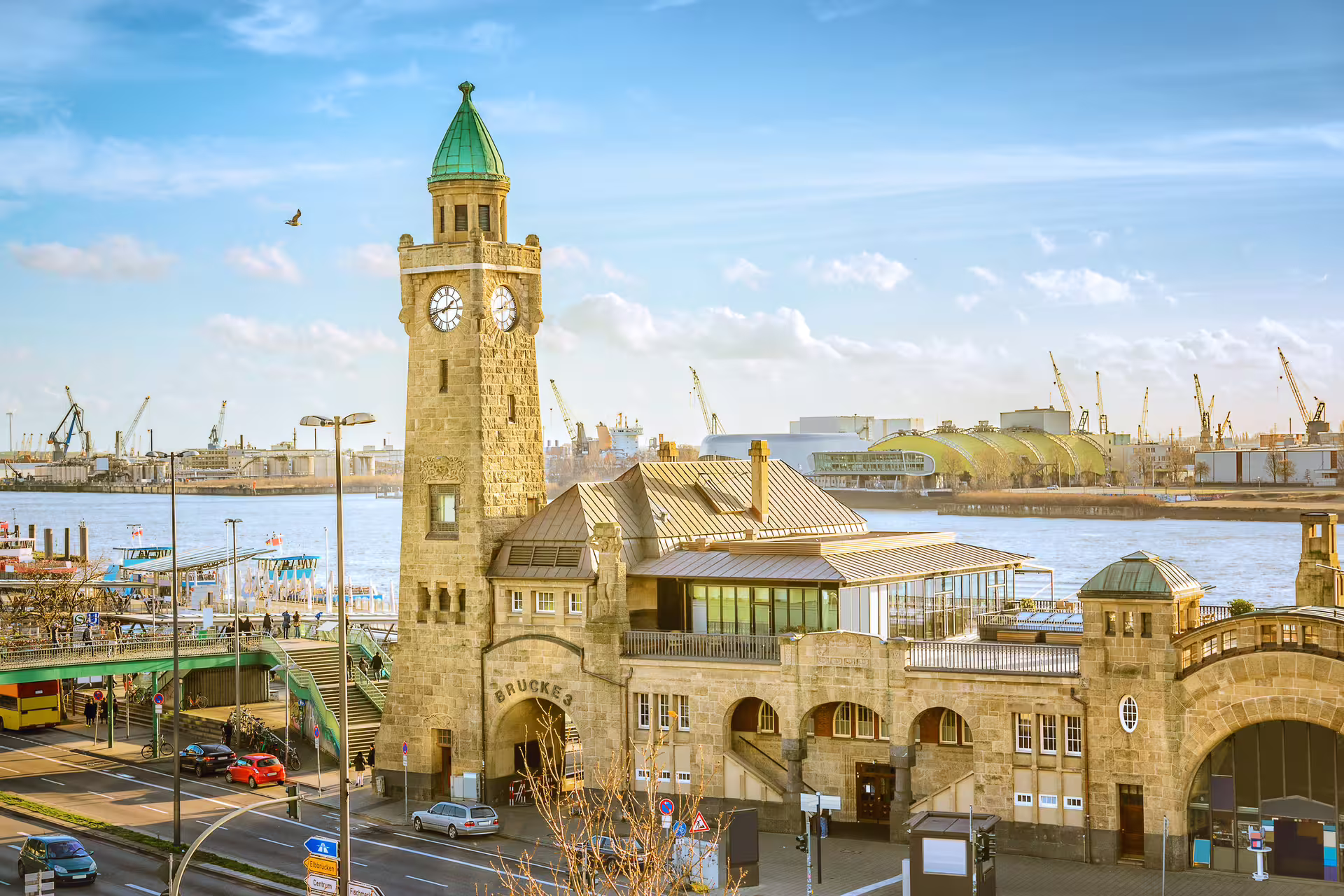 St Pauli Landungsbruecken clock tower by the Elbe, highlight of Hamburg Neustadt 1-day audioguide walk