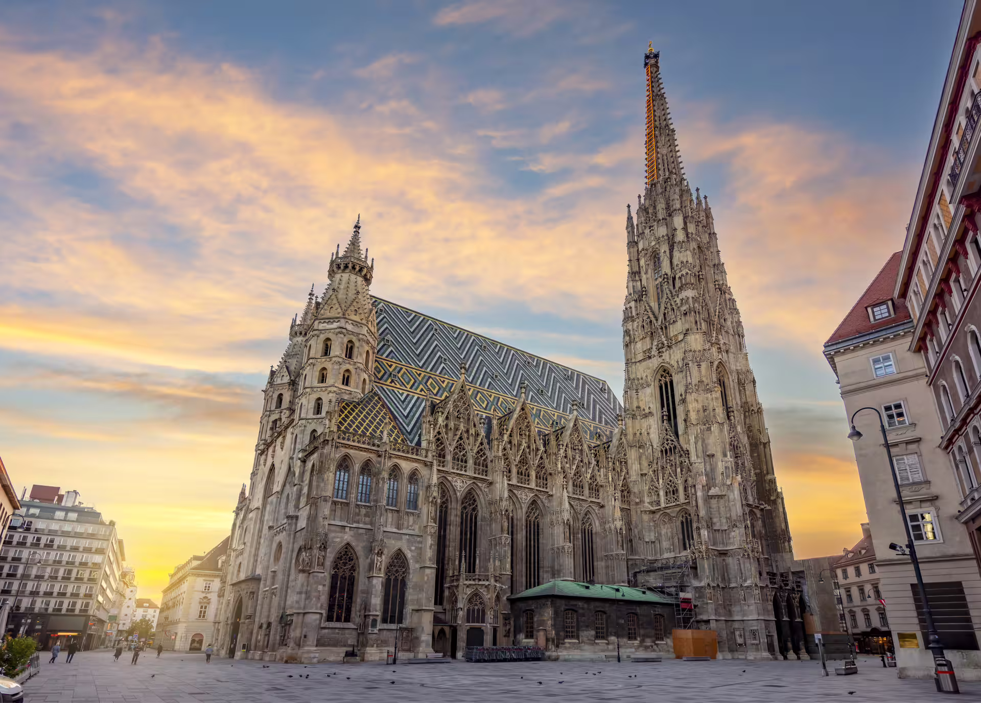 St. Stephen’s Cathedral Vienna at sunset, highlight of 1-day cultural heritage walking tour with audioguide