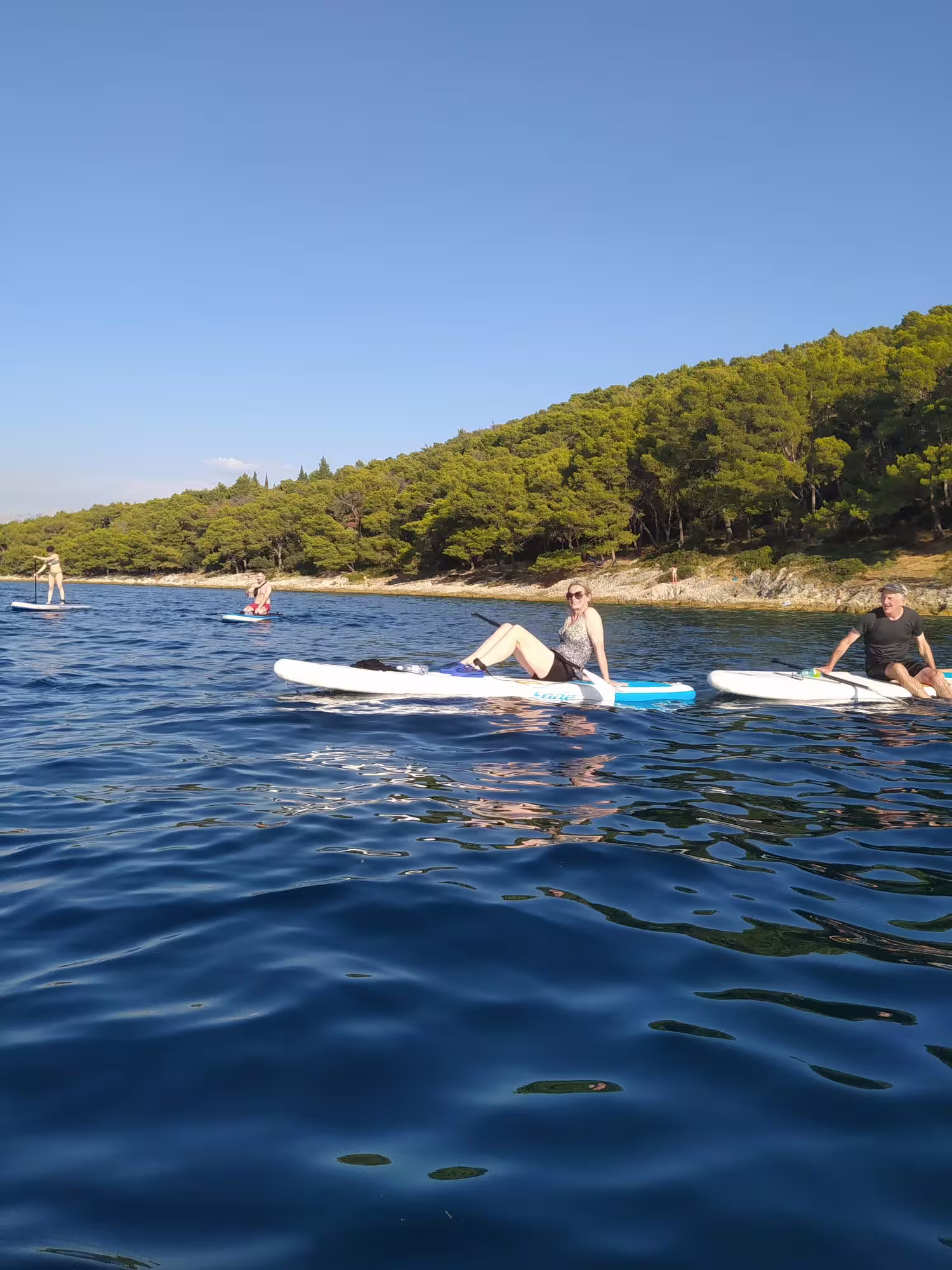 Stand up paddle tour in Split along a pine-lined coast, with beginners resting on SUP boards in clear sea