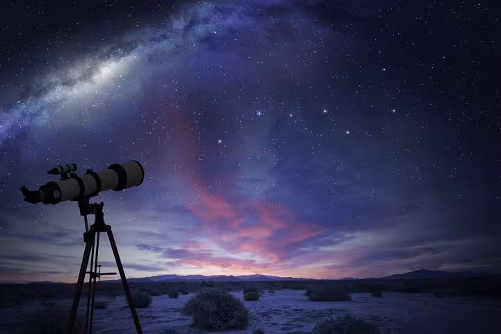 Telescope under Milky Way in Hurghada desert on stargazing Jeep safari adventure with Bedouin dinner