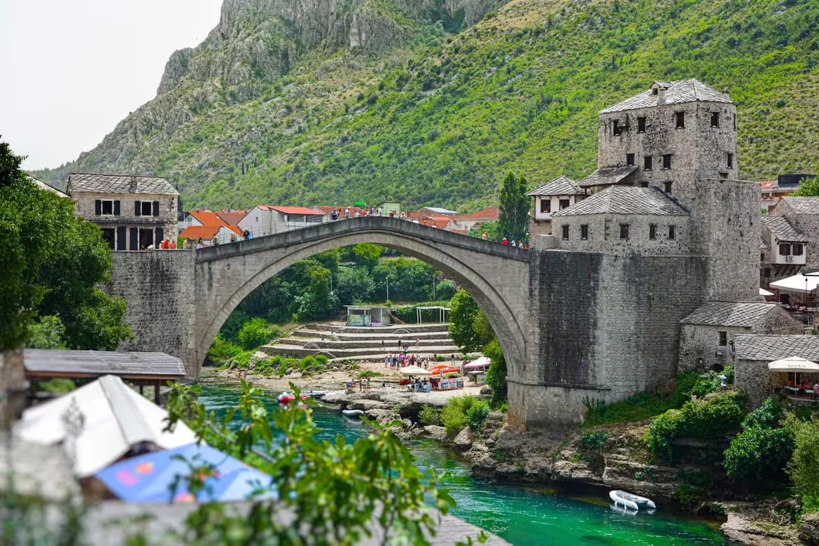 Stari Most bridge over the Neretva River in Mostar, Bosnia, highlight of a private tour from Sarajevo