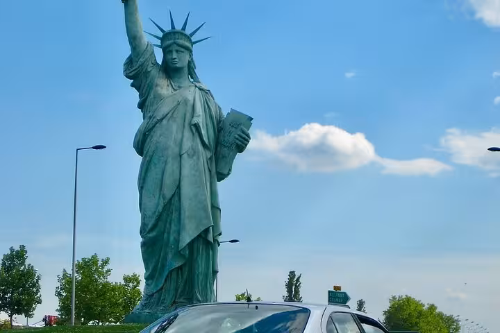 Replica of the Statue of Liberty on a roundabout near Colmar, Alsace, France