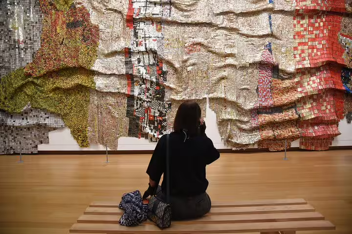 Visitor viewing large contemporary textile wall art at Stedelijk Museum Amsterdam modern art gallery tour