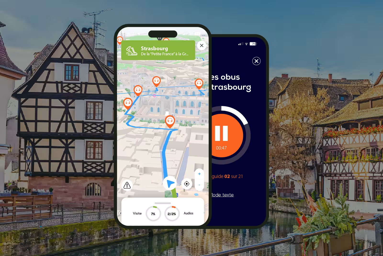 Strasbourg self-guided audio walking tour app showing 3D map route and audio guide player with city canal backdrop
