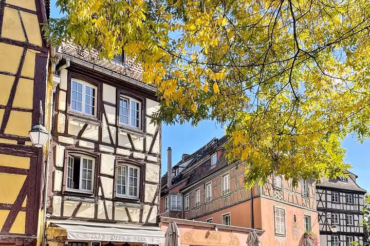 Half-timbered medieval buildings in Colmar, Alsace, with colorful facades under autumn trees and blue sky