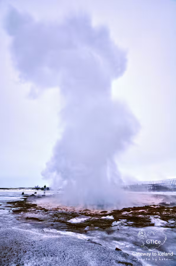 Strokkur geyser erupting with steam cloud on Iceland's Golden Circle route in winter