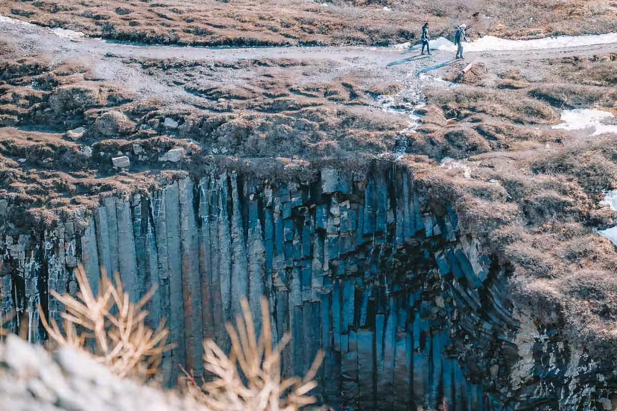 Hikers standing at the edge of Studlagil Canyon's dramatic basalt column cliffs in Iceland