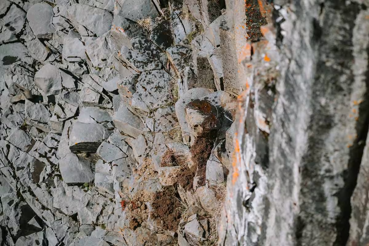 Close-up of fractured slate rock face with orange lichen at Studlagil Canyon, Iceland