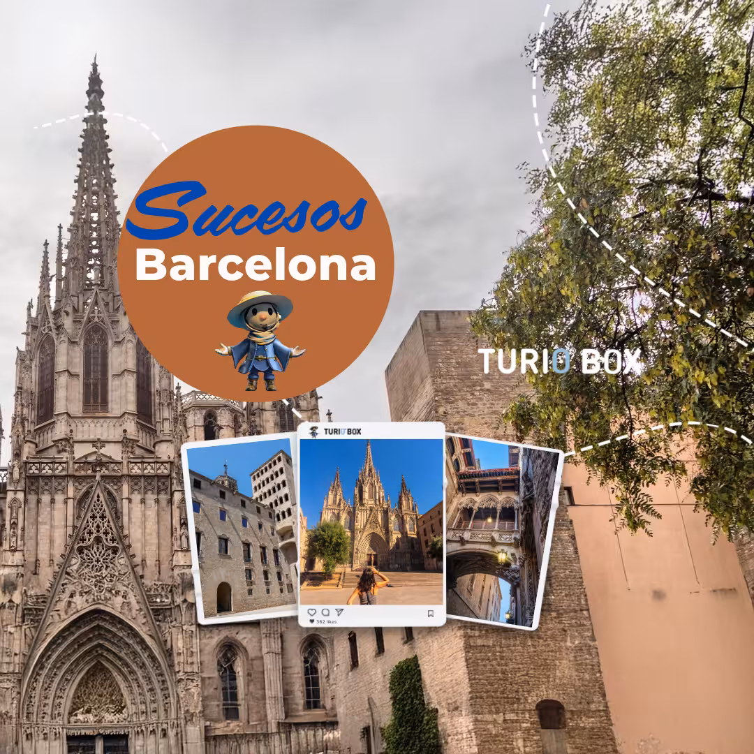 Sucesos Locales + Catedral Barcelona tour graphic with cathedral backdrop and local highlights collage