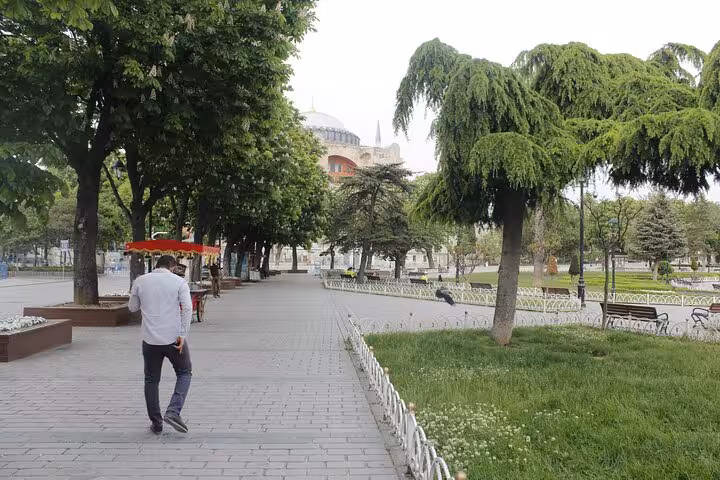 Tree-lined Sultanahmet park walkway near Hagia Sophia on Istanbul Old City full-day tour with lunch