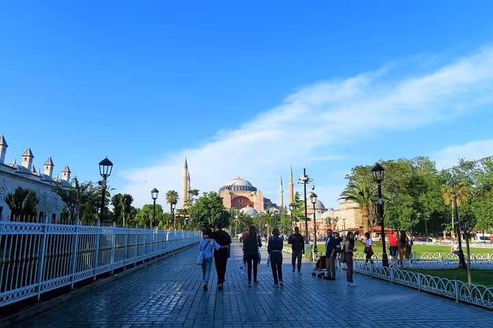 Sultanahmet Square walkway toward Hagia Sophia on half-day Istanbul Old City morning guided tour