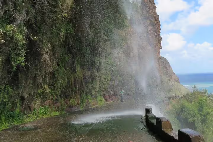 Scenic waterfall cascading over a lush cliffside path with ocean views, ideal for Sunny Southwest tour exploring nature and landmarks.