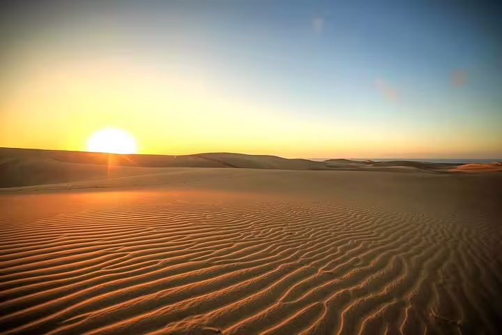 Vibrant sunrise illuminating rippled sand dunes in Qatar's desert, creating a picturesque safari scene.