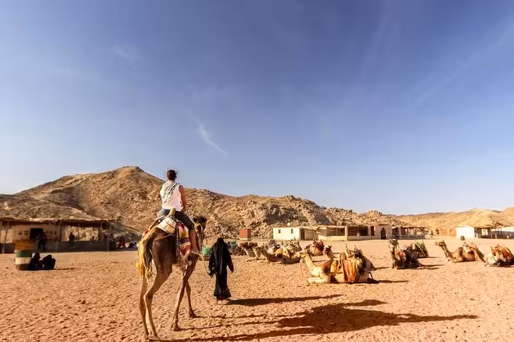 Camel ride at Bedouin camp in Hurghada desert, part of 5-hour ATV buggy jeep safari from El Gouna