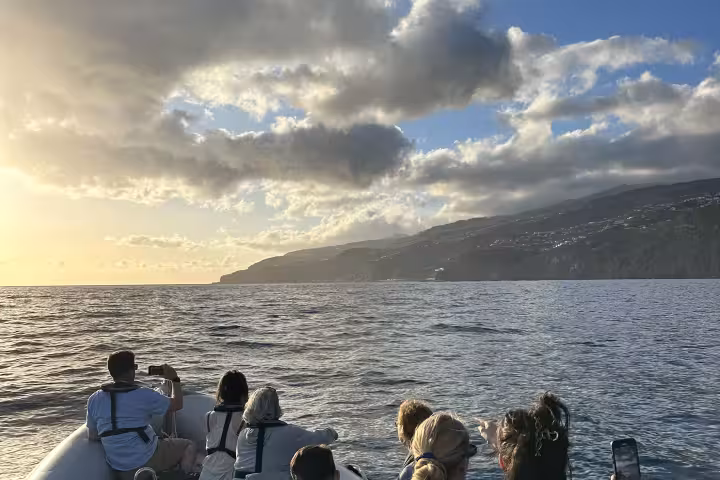 Tourists enjoy a stunning sunset over the ocean from a RIB boat, perfect for dolphin and whale watching tours.