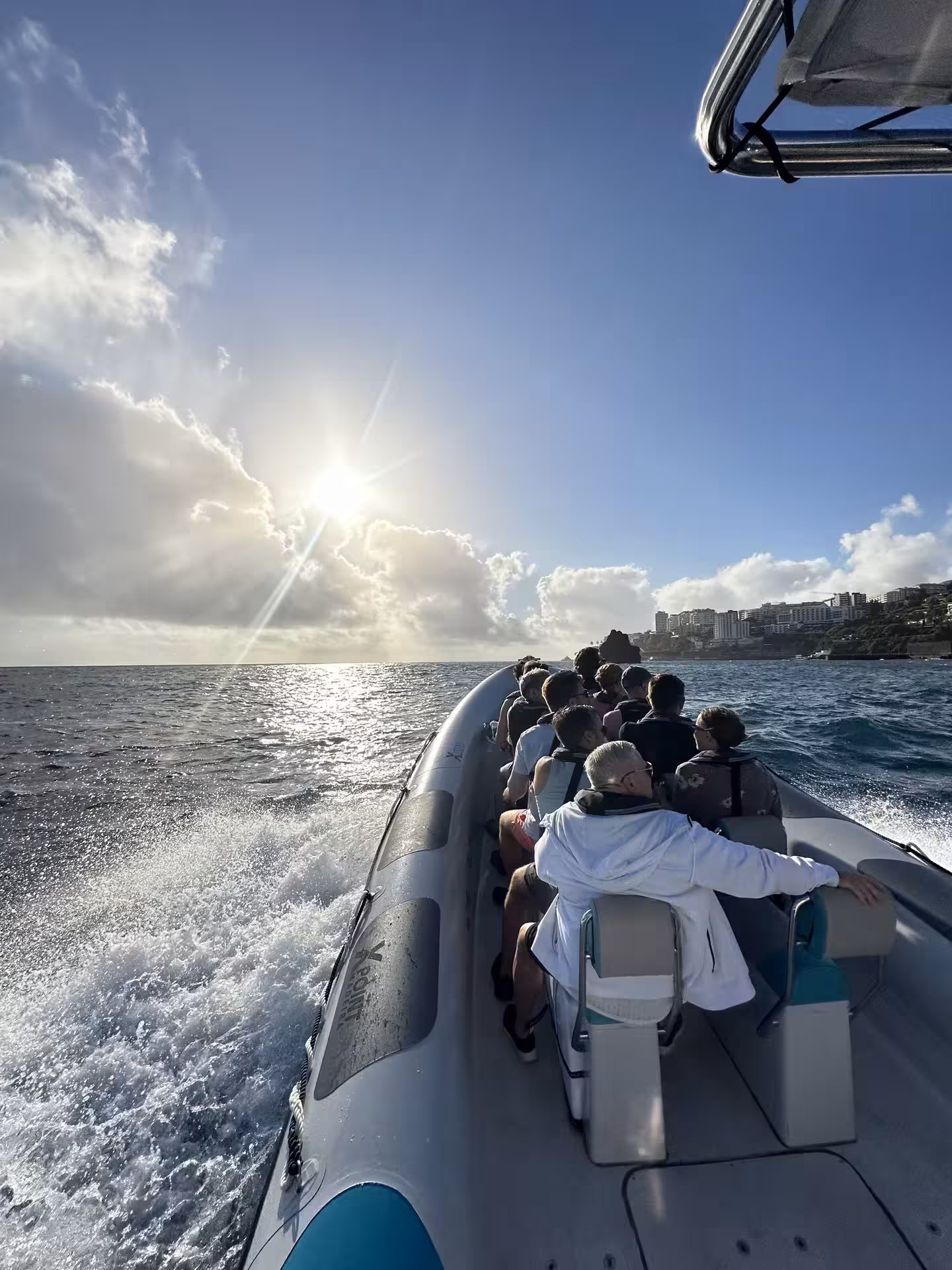 Tourists enjoying a scenic sunset ride on a RIB boat, showcasing stunning views and potential dolphin and whale sightings.