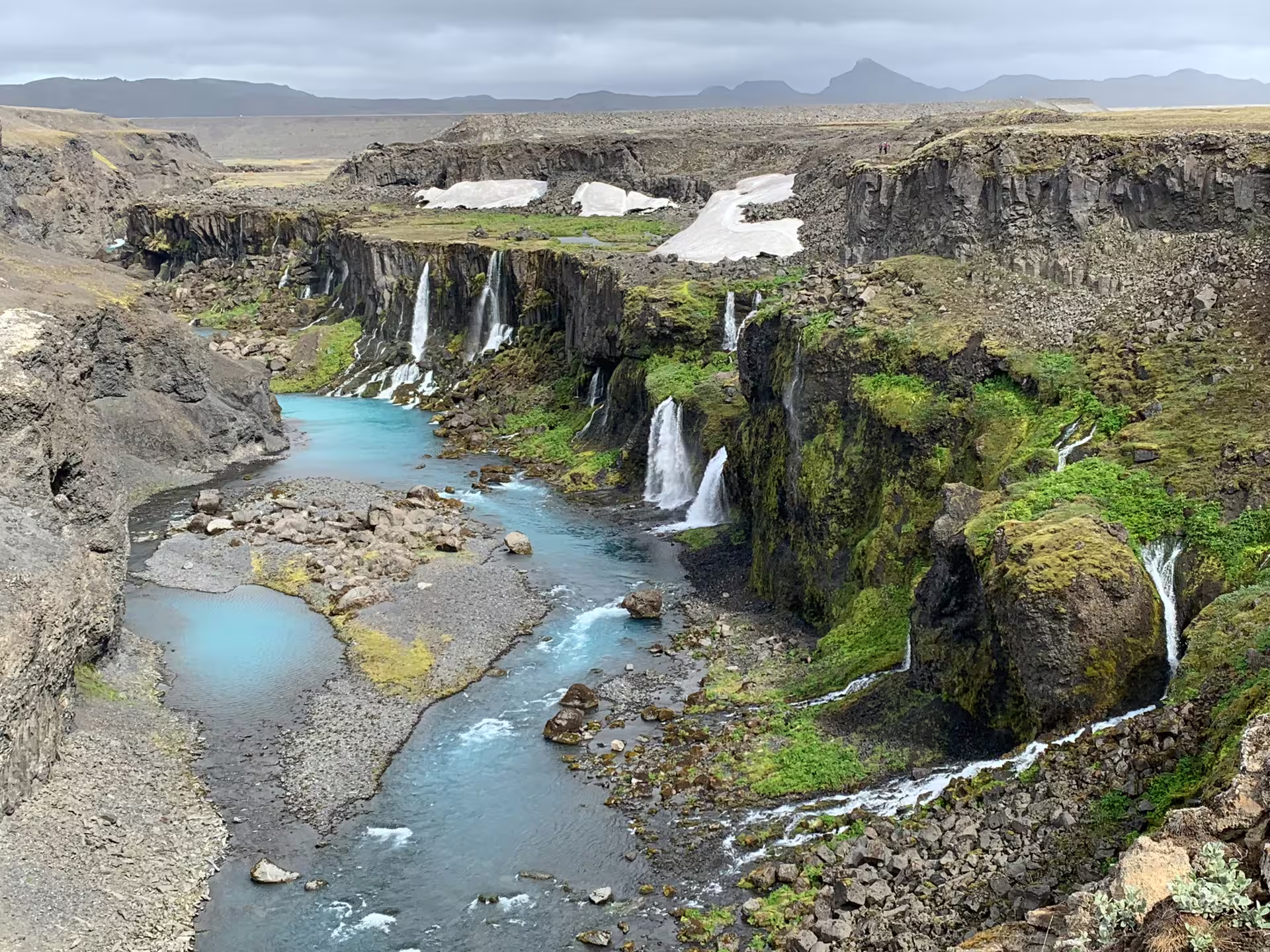 Turquoise glacial river canyon with multiple waterfalls and mossy cliffs in Iceland highland wilderness