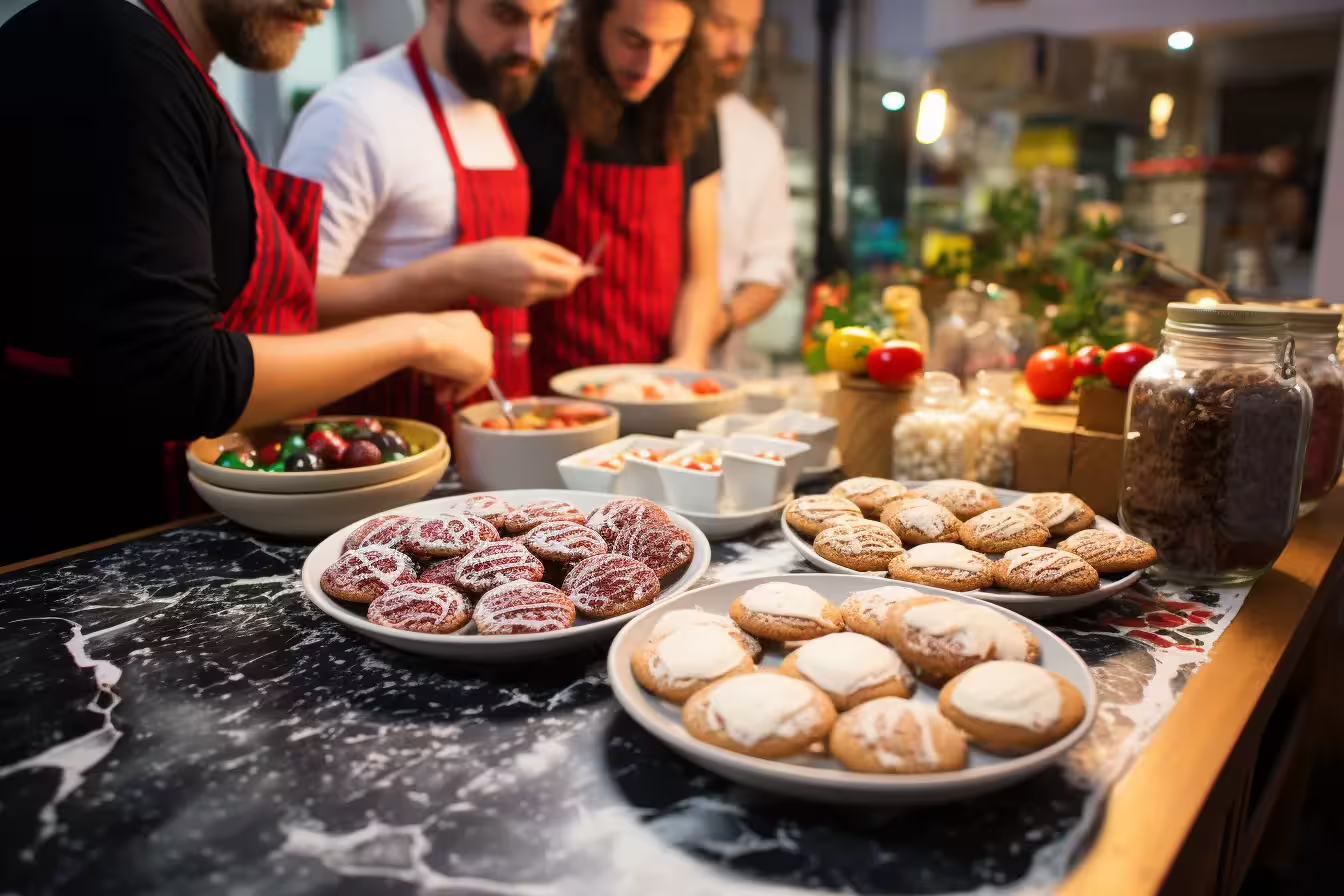 Participants in red aprons enjoy hands-on baking at the Sweet Escape Bake & Take Workshop, surrounded by fresh cookies and ingredients.