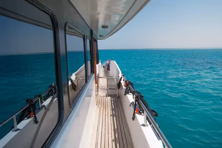 Boat deck cruising the Red Sea to Dolphin House, Hurghada swim with dolphins excursion with lunch onboard