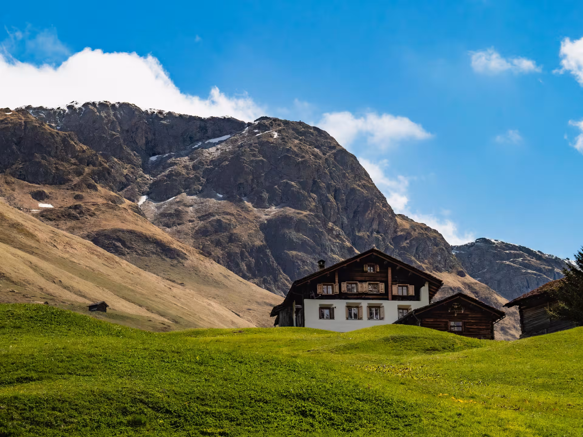 Traditional Swiss chalet in green alpine meadow beneath rugged mountains on Glacier Express route private tour