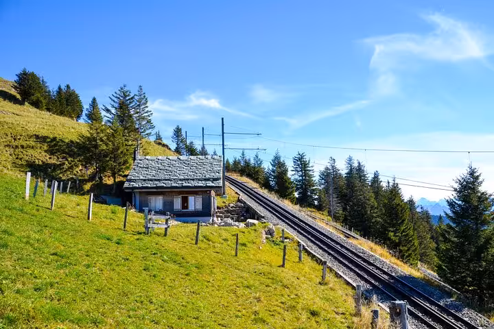 Scenic funicular railway ascending a Swiss mountain with lush greenery and clear blue skies, perfect for a day tour.