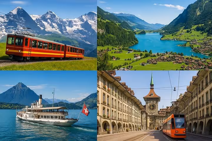 Collage of Swiss train, Lake Thun boat, and Bern's Zytglogge clock tower, showcasing highlights of a Swiss tour adventure.