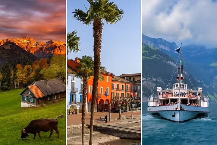 Collage of Swiss landscapes including alpine pastures, colorful village streets, and a boat on a turquoise lake.