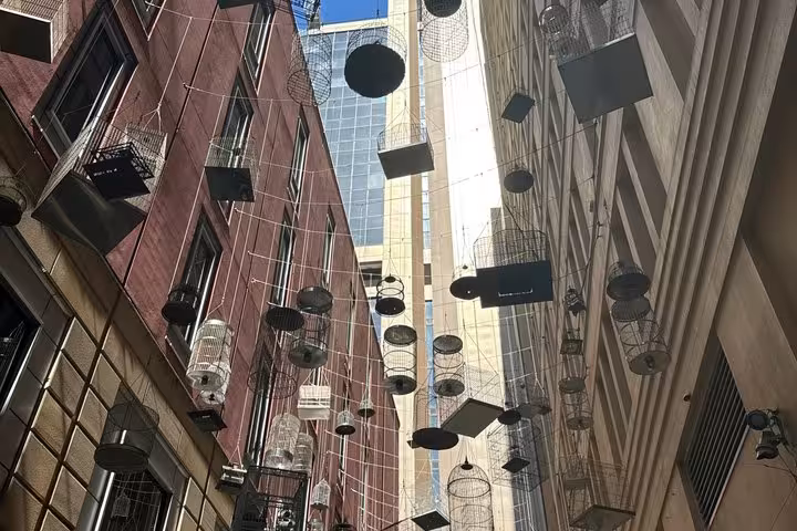 Bird cages hanging between historic buildings in a narrow Sydney laneway on a ghost walking tour