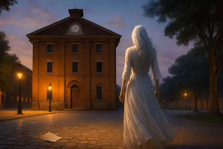 Woman in white dress facing a historic brick building with clock tower at dusk in Sydney