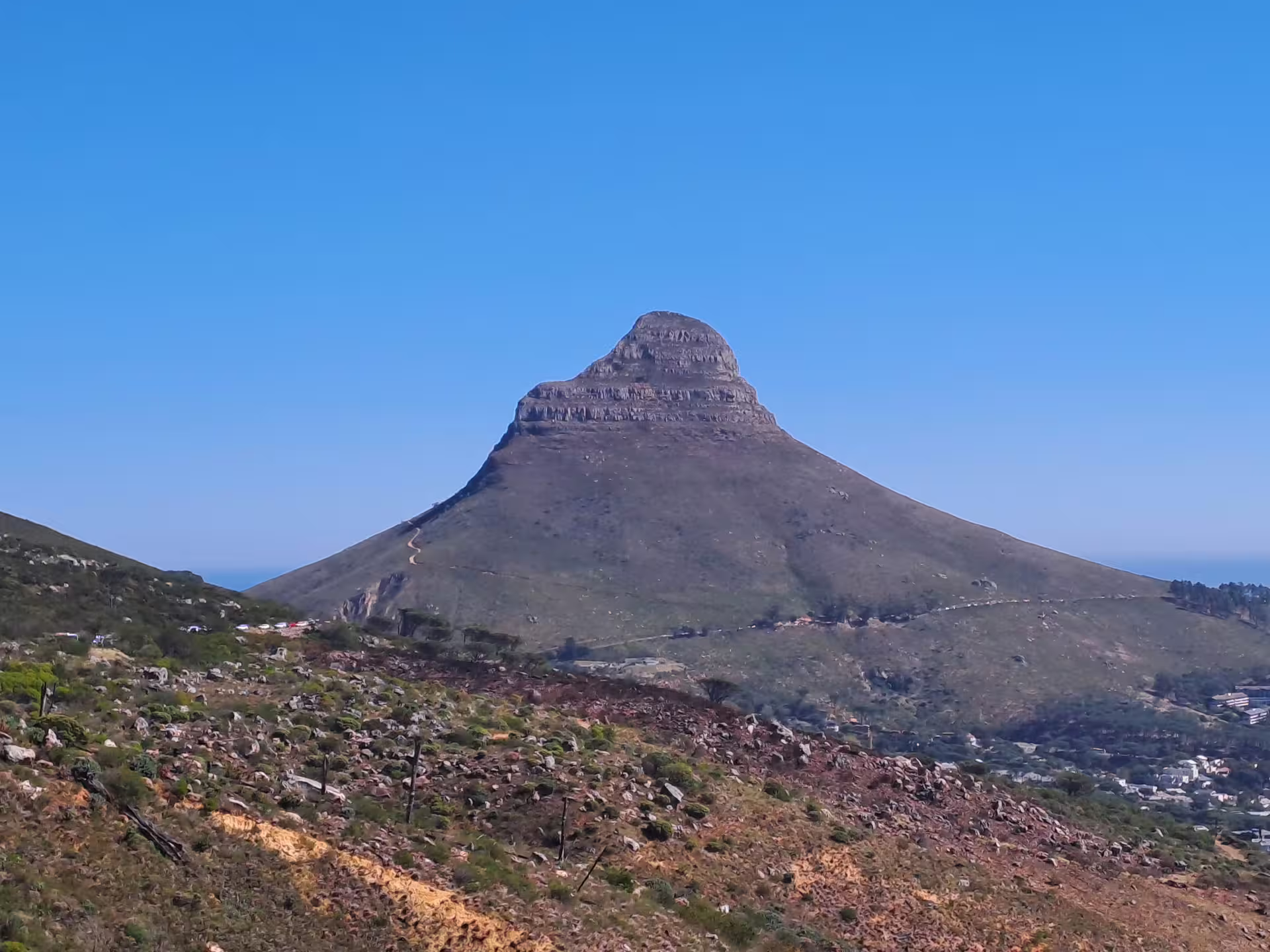 Scenic view of Lion's Head mountain under clear blue skies, visible from Table Mountain tour.