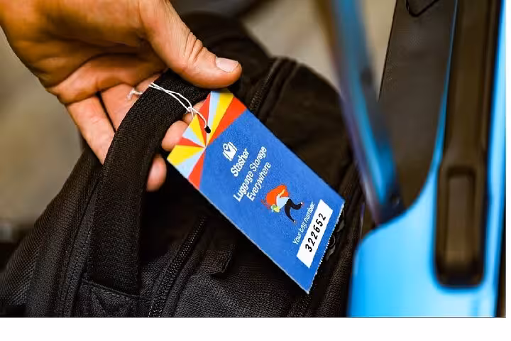 Close-up of tagged backpack for secure Amsterdam luggage storage, easy drop-off with tracking for peace of mind