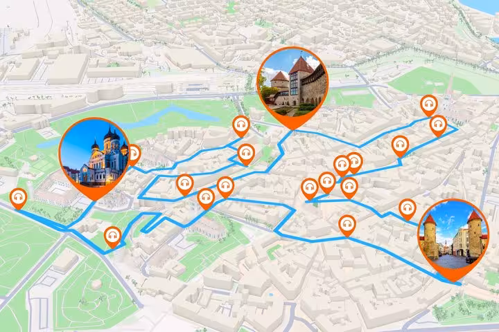 3D GPS map of Tallinn self-guided audio walking tour route with orange pins marking landmarks