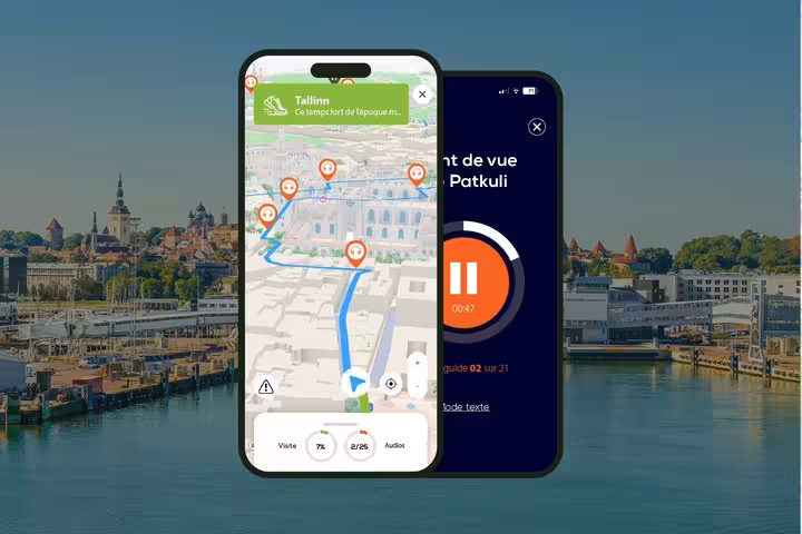 Tallinn self-guided walking tour app showing GPS map with audio guide interface and city landmarks
