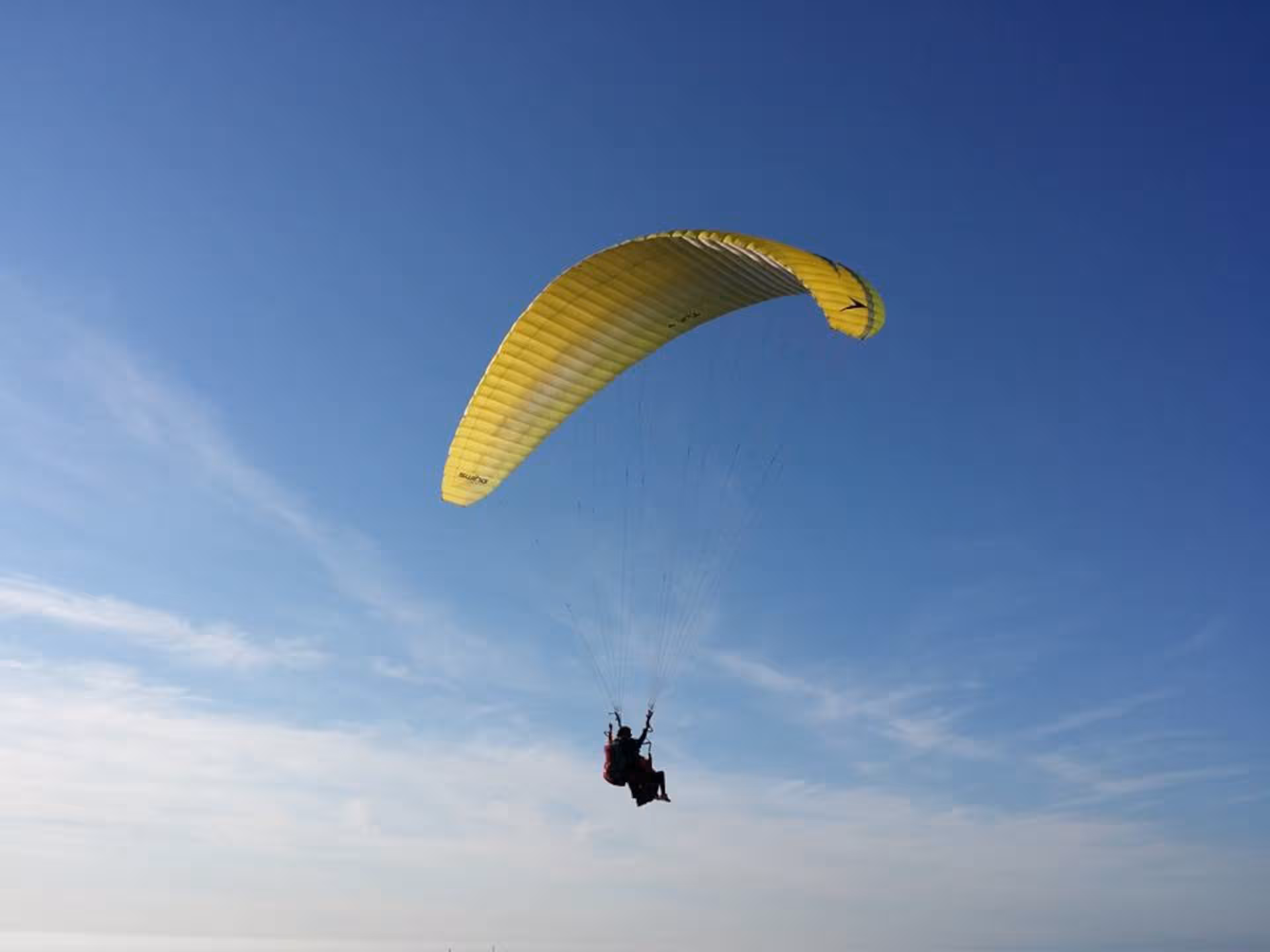 Experience the thrill of tandem paragliding with a yellow canopy against a serene sky in Castelsardo, Sardinia.