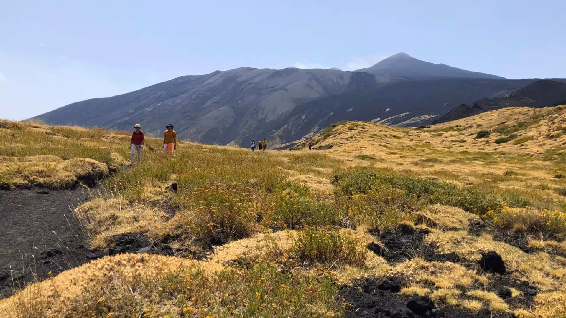 Hikers explore the lush, volcanic landscape of Mount Etna under clear skies, ideal for trekking adventures in Taormina.