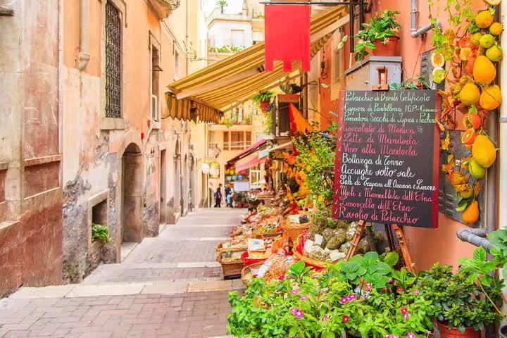 Colorful food shop on a narrow alley in Taormina, Sicily, visited on a 2-hour private walking sightseeing tour of the old town