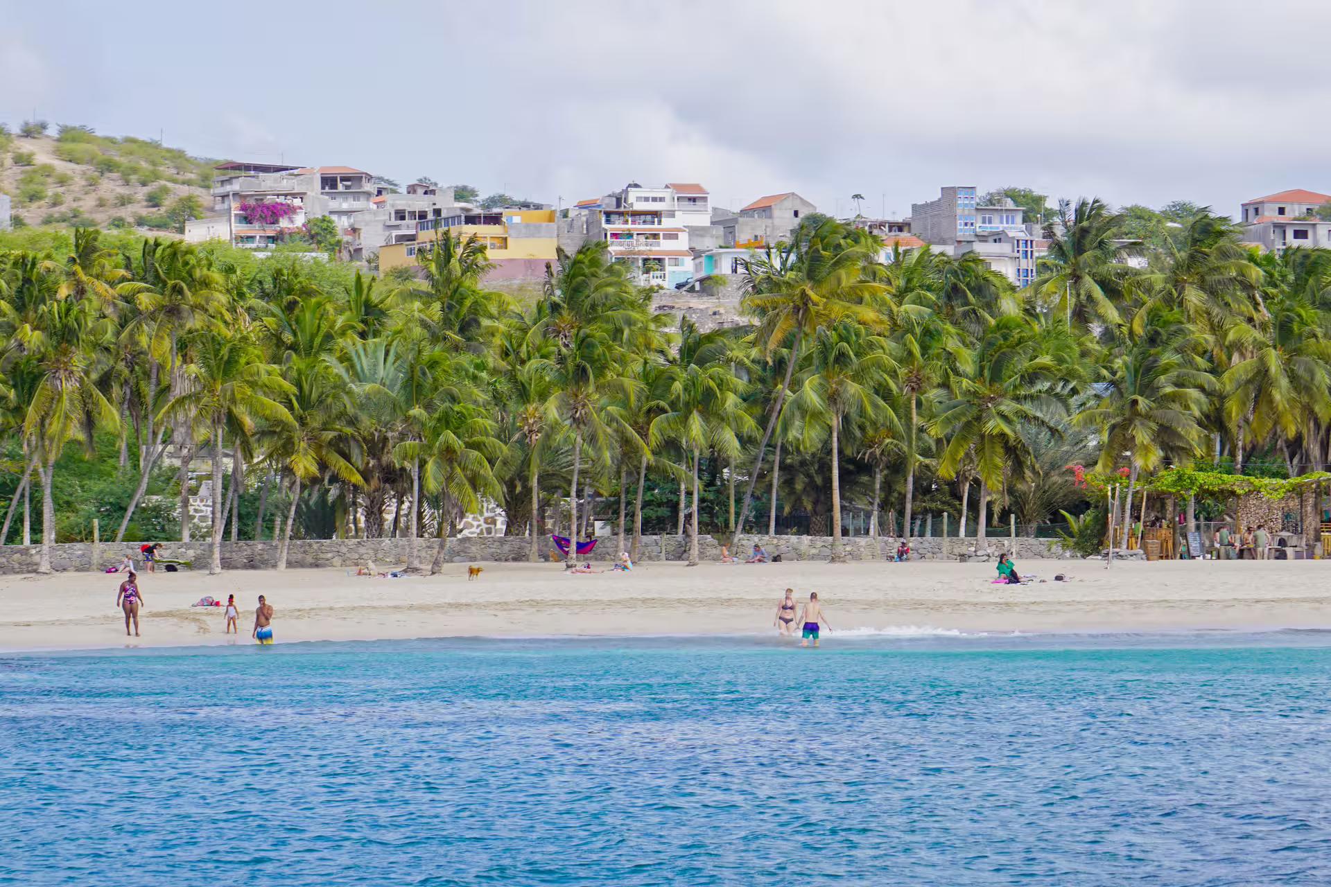 Tarrafal Beach Santiago Island with palm-lined shore and turquoise water, relaxing stop on Cabo Verde day tour