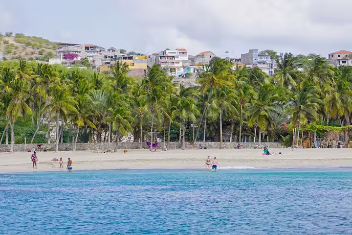 Scenic view of Tarrafal Beach with palm trees and vibrant ocean, a highlight of Santiago Island tour.