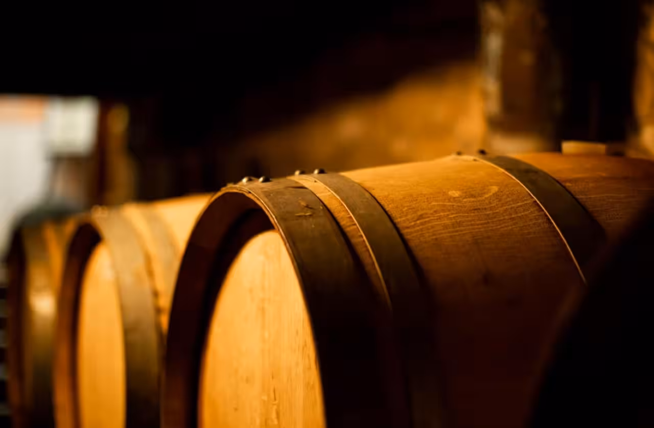 Oak barrels aging Taurasi DOCG Aglianico in a winery cellar, part of the full tasting and local delights