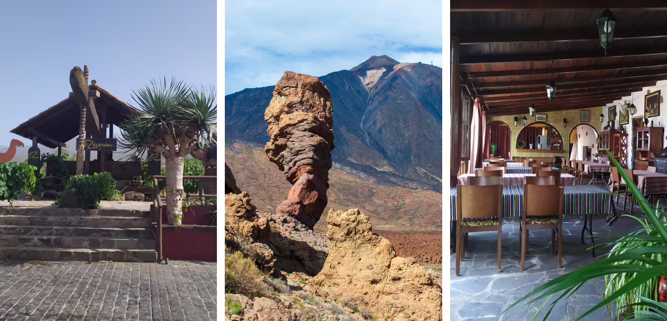 Collage featuring a rustic vineyard entrance, Teide volcano's iconic rock formations, and a cozy winery interior.