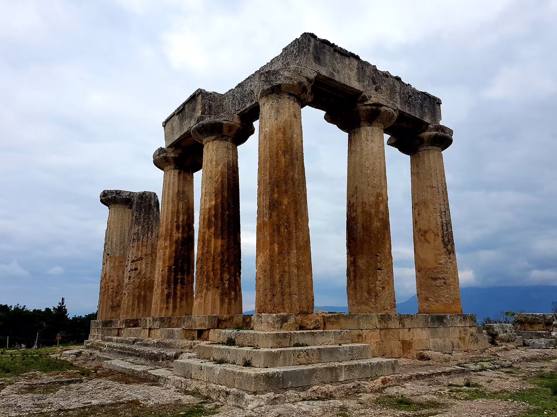 Close-up of Temple of Apollo columns in Ancient Corinth on private biblical tour from Athens, Greece