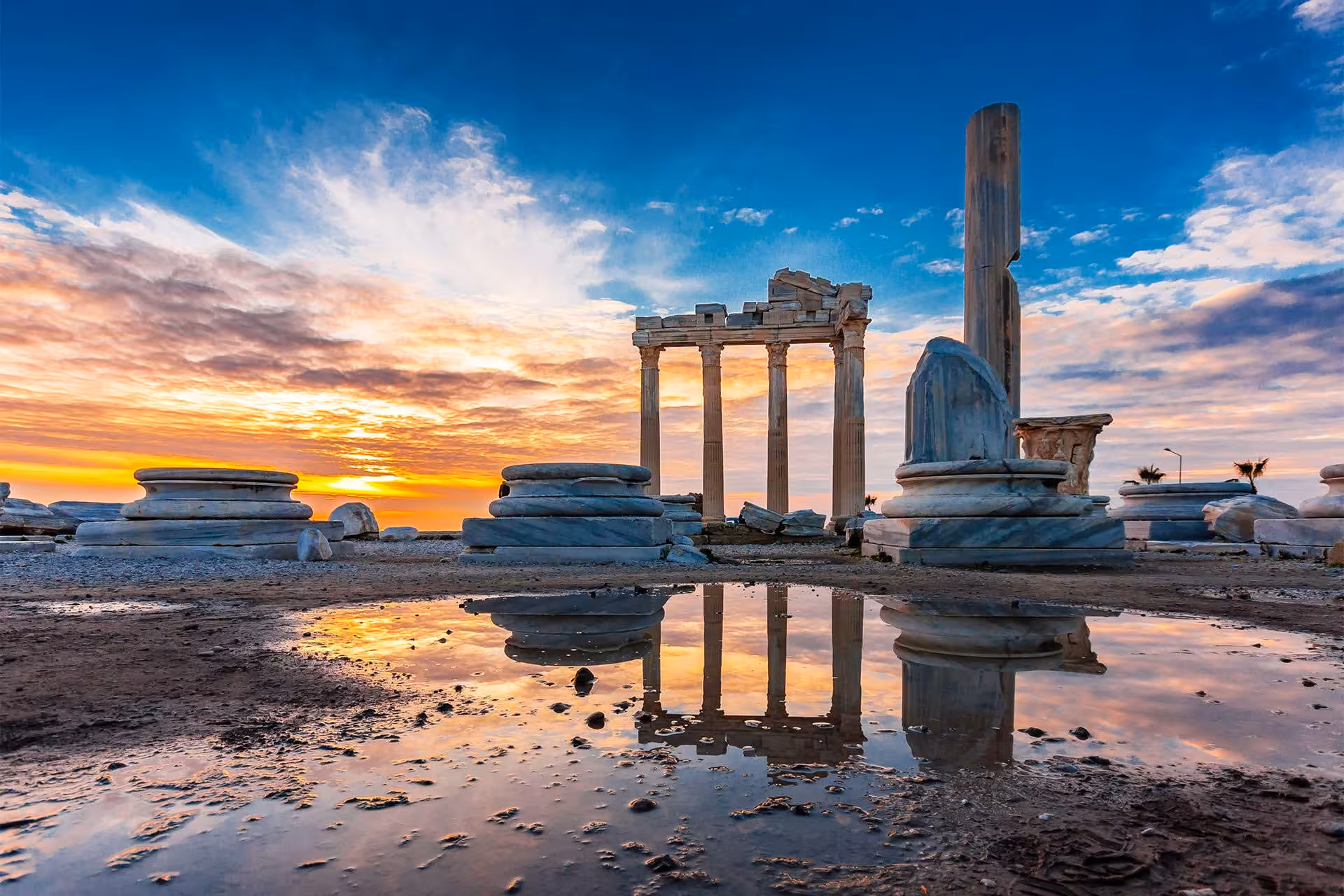 Temple of Apollo in Side at sunset with ancient columns