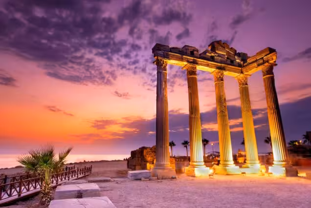 Temple of Apollo in Side at dusk with illuminated columns