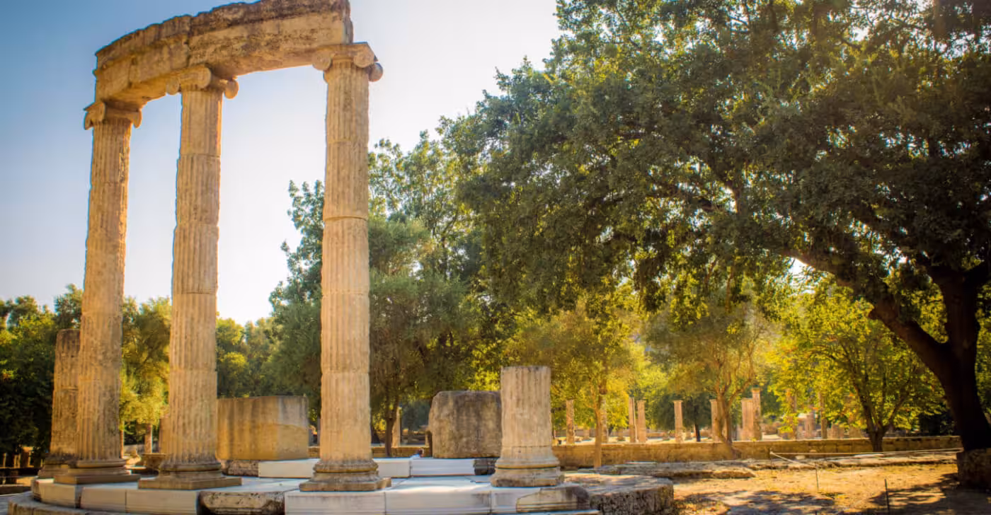 Ancient Temple of Hera columns at Olympia, a highlight on the 3-day Classical Greece tour from Athens