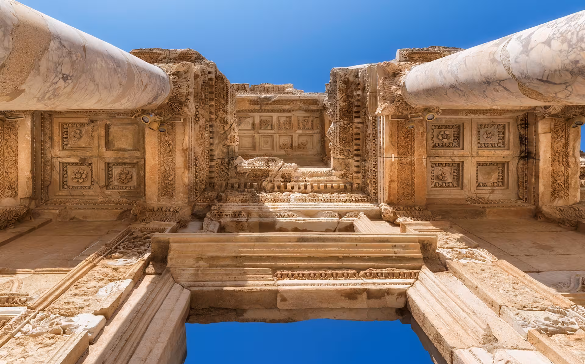 Temple of Hadrian in Ephesus, Turkey, seen from below on daily Ephesus tour from Istanbul departing