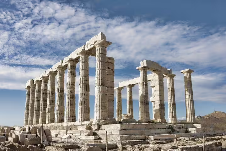 Ancient Temple of Poseidon columns at Cape Sounio, must-see stop on an Athens Athenian Riviera tour