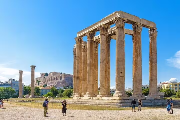 Temple of Olympian Zeus columns with Acropolis backdrop, Athens highlights on a 2-hour private express tour