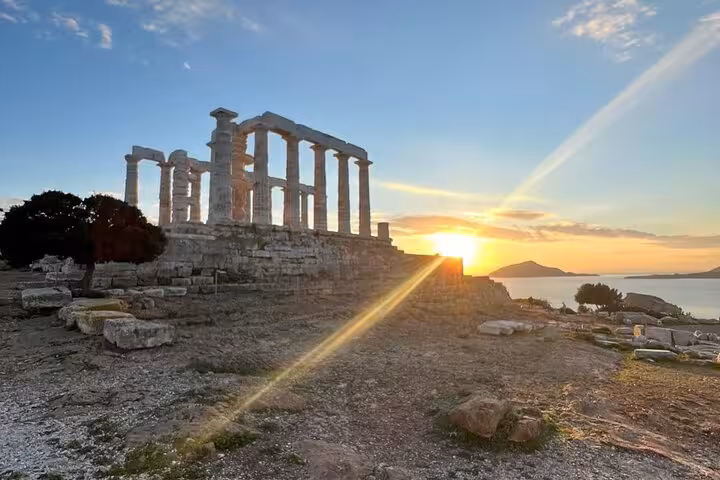 Temple of Poseidon at Cape Sounio at sunset, luxury private Athenian Riviera tour with sea views